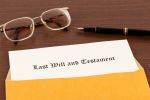 Last will on cream color paper with glasses and pen in envelope, document and information are mock-up
